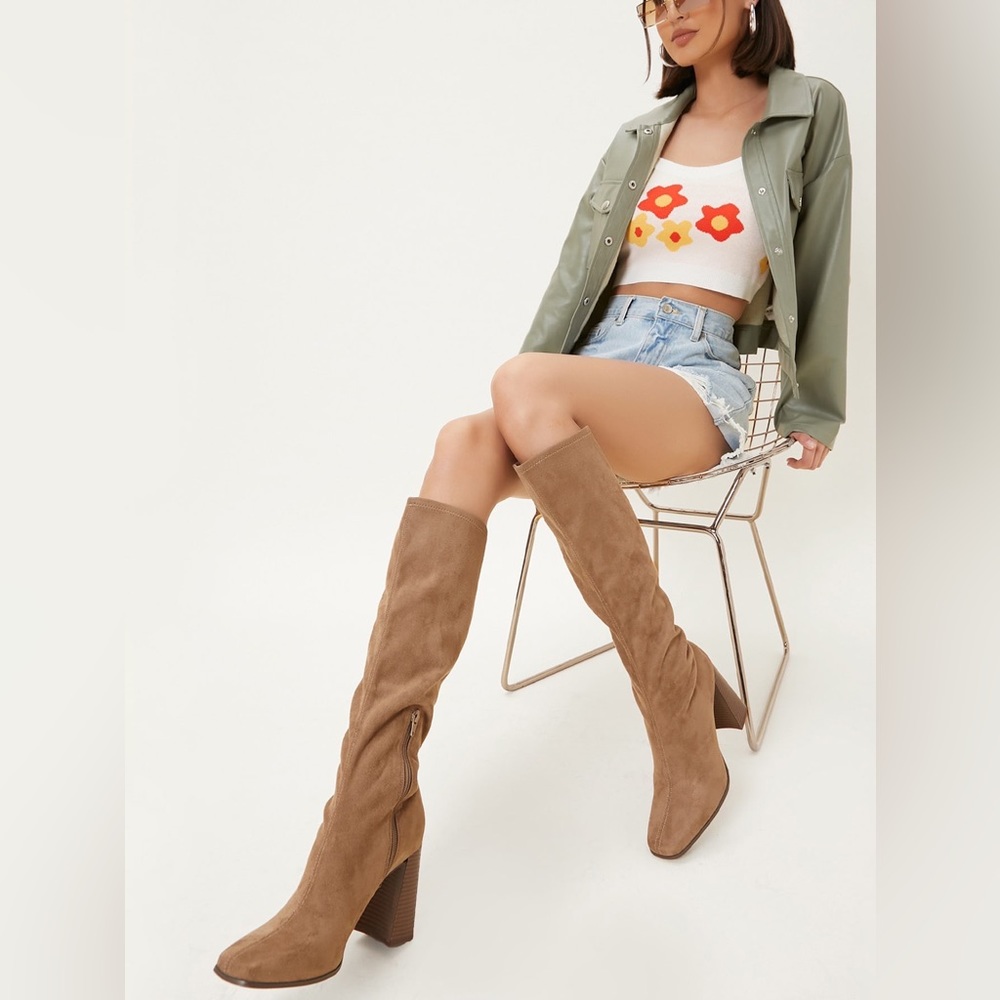 Faux Suede Thigh-High Block Heels